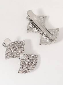 2pcs Sparkling Rhinestone Bowknot Hair Clips, Elegant Side Bangs Duckbill Clips, Princess Style Party Hair Accessories For Women - Silver - View 7