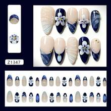 30Pcs Blue Flower Press On Nails Medium Almond French Tip Fake Nails With 3D Gold Starfish Pearls Designs Lily Flowers False Nails Blue Gradient Full Cover Cute Floral Acrylic Stick On Nails For Women - 法式印花 - 查看 2