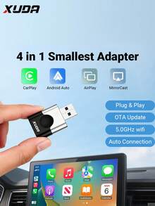 XUDA 2026 Adaptor 4in1 Terkecil Baru CarPlay/Android Auto/AirPlay/MirrorCast, Wifi 5.0GHz, Pembaruan OTA, Kotak Mini AI Berkabel ke Nirkabel - A - View 1