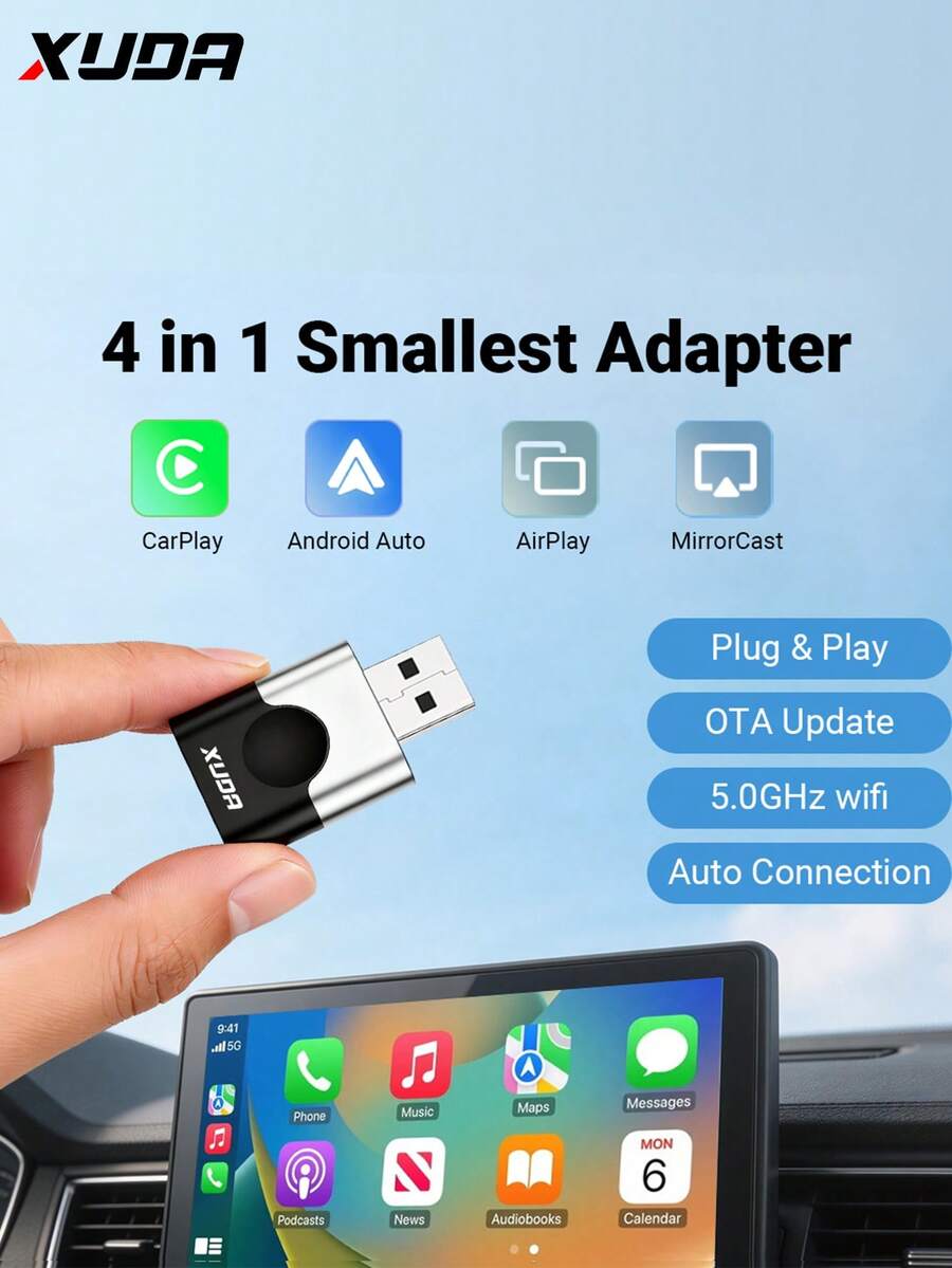 XUDA 2026 Adaptor 4in1 Terkecil Baru CarPlay/Android Auto/AirPlay/MirrorCast, Wifi 5.0GHz, Pembaruan OTA, Kotak Mini AI Berkabel ke Nirkabel - A - View 1