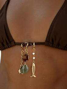 3pcs Creative Sexy Gold Mermaid Shell Body Chain, Minimalist Gold Body Jewelry, Suitable For Girls, Delicate Summer Beach Vacation Accessory, Sexy Bikini Chain, Elegant Party Jewelry, Also Can Be Gift For Friends. Suitable For Women. (Turquoise Shape And Size May Vary From Actual Item) - Multicolor - View 2