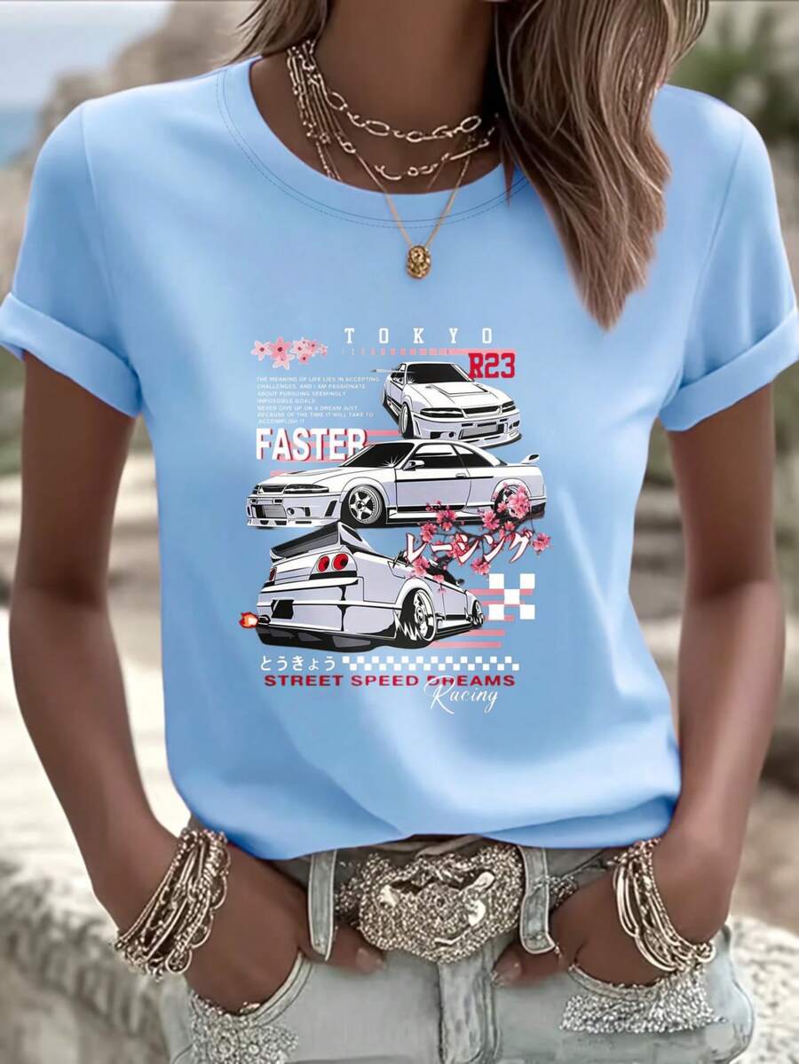 Tokyo Racing Cars Street Speed Digital Print Short Sleeve Unisex Pure Cotton Loose And Comfortable - Blue - View 1