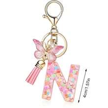 Llavero con letra, borla y colgante de mariposa, para billetera, mochila, bolso de mano - Multicolor - Ver 32