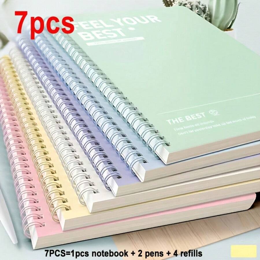 Set de 7 piezas, que incluye 1 cuaderno de tapa dura con espiral A5 (color aleatorio), 2 bolígrafos de punta de 0.5 mm en color negro y 4 cartuchos de repuesto. Bolígrafos de escritura suave con diseño de cuaderno de hojas perforadas. - Juego de cuadernos - Ver 1