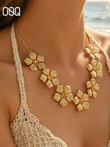OOQ 1pc Elegant Casual 5-Petal Flower Shaped Chain Necklace For Women, Fashionable Charming Design, Suitable For Summer Beach, Party, Music Festival (Handmade Raffia Weaving, Random Shape) - Khaki - View 3