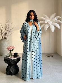 Polka Dot Print Open Front Abaya Kimono, Wide Flare Sleeve Loose Modest Muslim Long Outerwear Cardigan For Daily Holiday Occasions - Multicolor - View 18