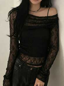 Solid Color Off-Shoulder Long Sleeve Sexy Elegant Hollow Lace Top (No Inner Lining) Casual Black - Black - View 1