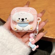 1pc Pink 3D Puppy Design Protective Case Compatible With Apple Bluetooth Earphones + Puppy Pendant - Pink Puppy - View 3