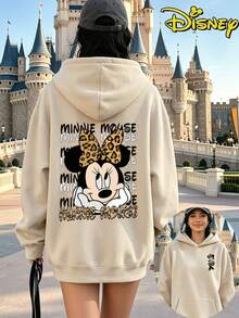 Disney Minnie Mouse Leopard Print Bow Hoodie, Women's Casual Long Sleeve Drawstring Hooded Sweatshirt - 杏色 - 查看 2