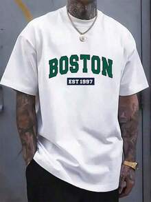 Camiseta Unisex 100% Algodón 210g| Diseño Gráfico de Boston con Estilo Urbano| Corte Clásico de Manga Corta y Cuello Redondo para Looks de Verano| Ideal como Regalo para el Día del Padre y Celebraciones del 4 de Julio - Negro - Ver 1