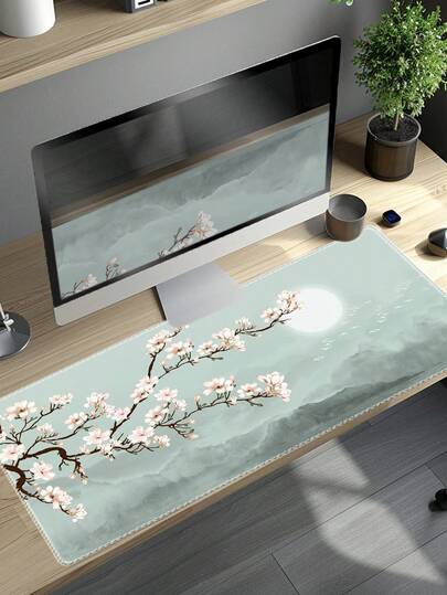 1pc Magnolia Flower Chinese Ink Wash Extra Large Gaming Mouse Pad, Aesthetic Nature Landscape Desk Mat With Stitched Edge, Non-Slip Rubber Base Keyboard Pad For Office & Gaming