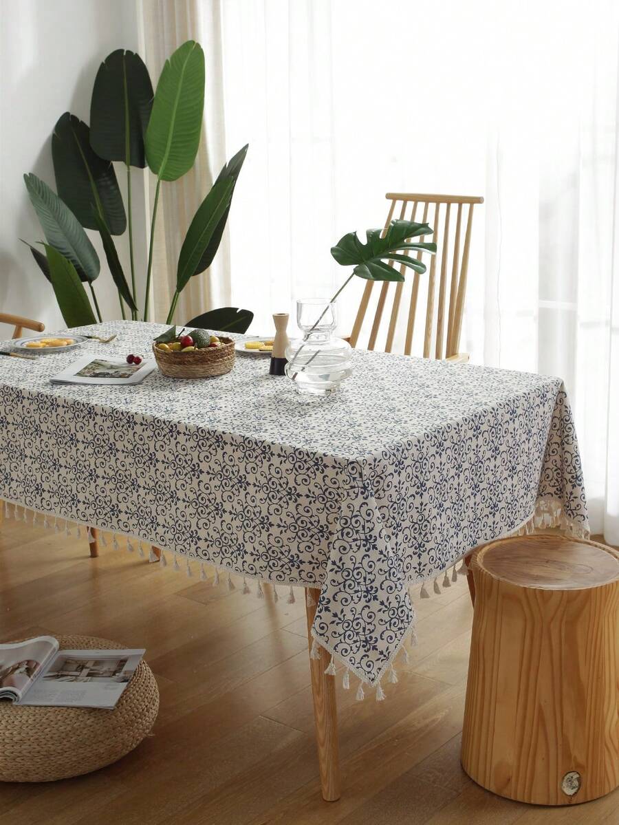 Mantel con borlas con estampado floral bohemio, mantel rectangular con aspecto de lino rústico para mesa de comedor, cocina, boda, fiesta y decoración del hogar - Multicolor - Ver 1