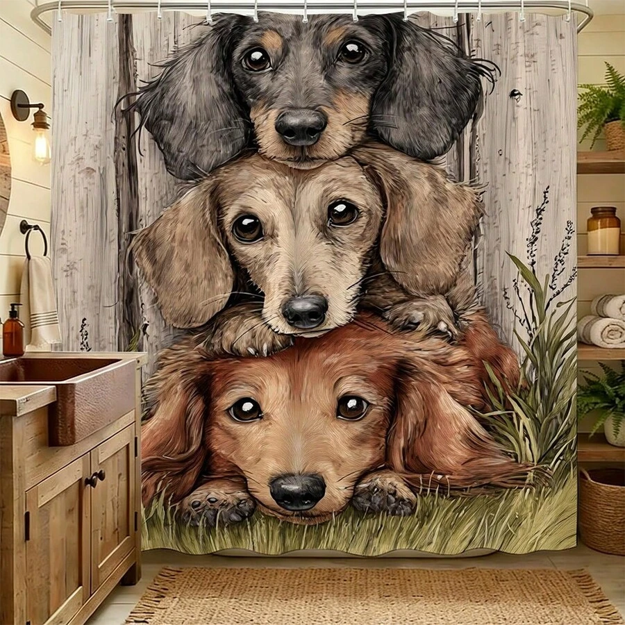 1件動物印花浴簾,三隻疊層臘腸狗與鄉村木紋背景,防水可機洗聚酯纖維浴室裝飾配件,附12個掛鉤 - I - 查看 1