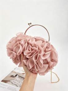 Elegant Layer Ruffle Satin Handbag, Chain Strap Clutch For Night Out & Dinner - Coral Pink - View 6