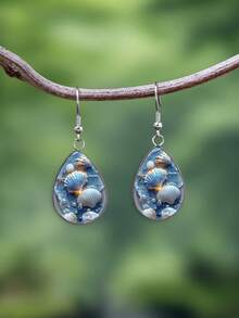 1 Pair Ocean Seashell & Starfish Design With 316 Stainless Steel Waterdrop Earrings, Cute Minimalist Style Suitable For Women's Daily Wear And Gifts, Elegant Minimalist Jewelry Earrings Suitable For Women's Daily And Vacation Wear - Baby Blue - View 3