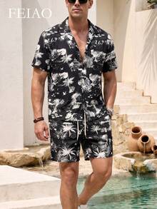 FEIAO Men's Retro Polyester Digital Print Short Sleeve Shirt, Classic Tropical Palm Tree Pattern, Versatile & Practical Summer Essential - Multicolor - View 1