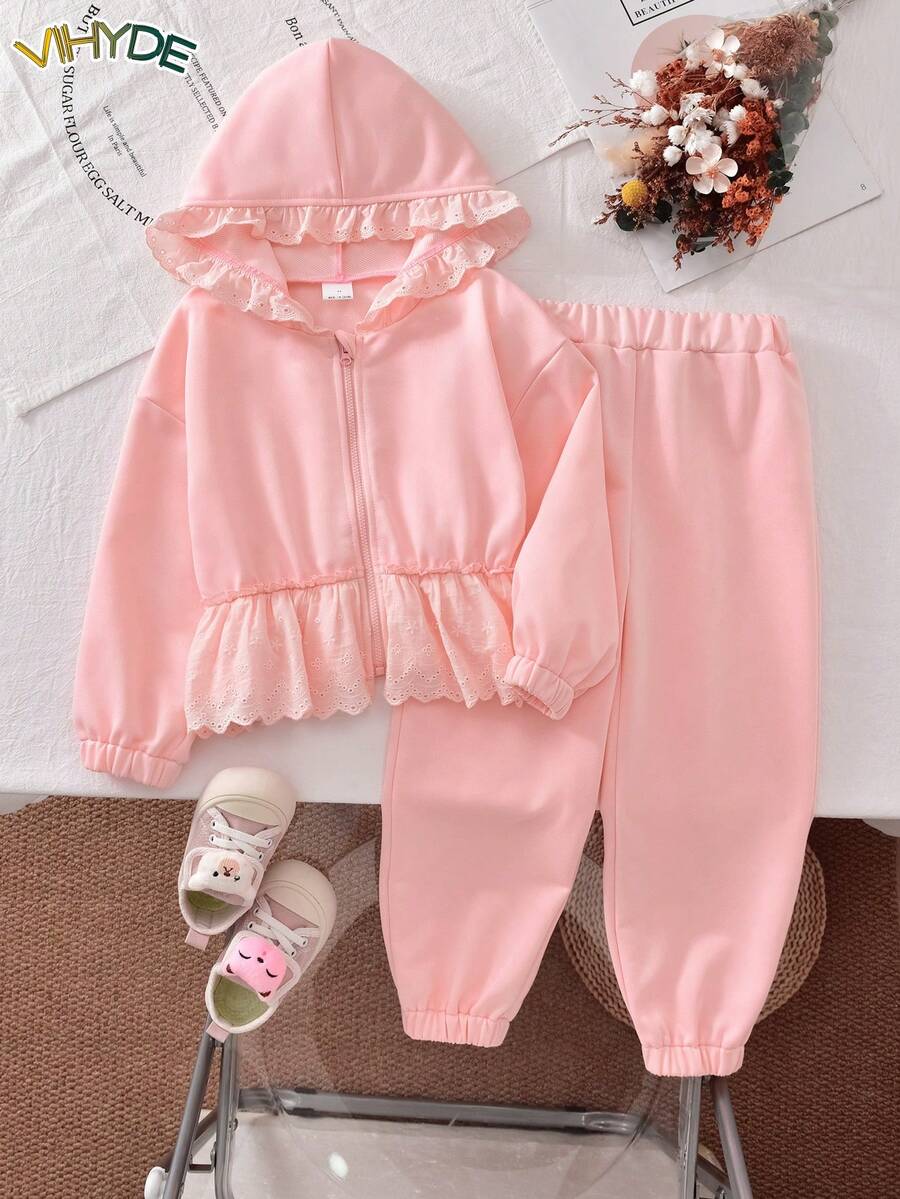 Vihyde Young Girls Sweet Ballet Style Lace Hem Hooded Jacket & Jogger Pants 2pcs Set - Pink - View 1
