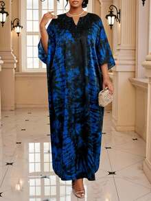 Fleurora 2026 New Spring, Summer, Autumn And Winter Elegant Black & Blue Woven Notch Robe Dress With Lace Collar Vacation Plus Size Dress Festival Royal Blue Knitted Round Neck Flared Flounce Sleeve Flounce Pleated Midi Short Sleeve Plus Size Dresses Fall Outfits For Women Country Dress For Women Casual Dresses For Women Vacation Outfits Women Beach Dress  Junina Dress - Blue - View 4