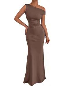 Women's Long Sleeveless Dress With Train, Colored For Wedding, Date, Ceremony And Events - Café - View 1