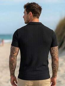 Men's Casual Ribbed Resort Shirt Short-Sleeve Button-Down Camp Collar - Black - View 4
