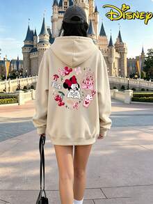 Disney Valentine's Minnie Mouse Castle & Hearts Hoodie, Women's Casual Long Sleeve Hooded Sweatshirt - Màu be - Xem 5