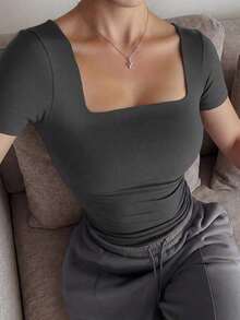 Square Neck Blouse With Short Sleeves, Versatile And Stylish Casual Wear For Everyday Use, Spring/Summer Clothing - Abu-abu - View 2
