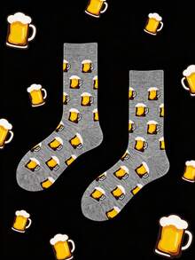 1 Pair Beer Mug Crew Socks, Light Heather Gray Base, Full Foamy Beer Cup Pattern, Fun Novelty Gift For Beer Lovers - Multicolor - View 1