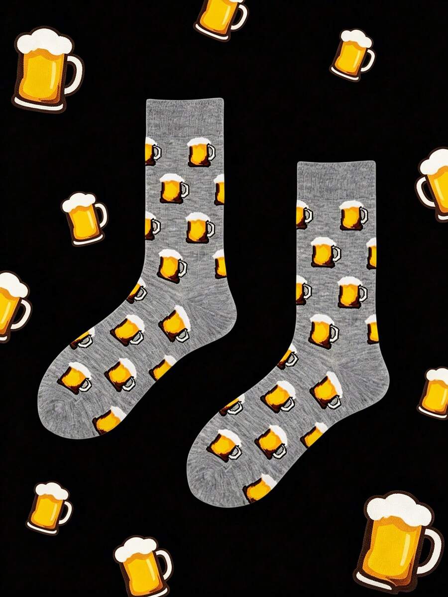 1 Pair Beer Mug Crew Socks, Light Heather Gray Base, Full Foamy Beer Cup Pattern, Fun Novelty Gift For Beer Lovers - Multicolor - View 1