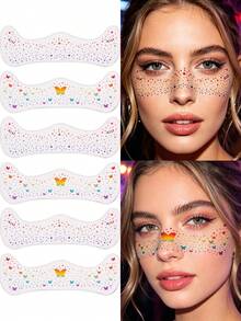 6 hojas de pegatinas de maquillaje para rostro y ojos con estilo Y2K arcoíris, lunares de purpurina coloridos, calcomanías de mariposas arcoíris en miniatura y estrellas diminutas, resistentes al agua y de larga duración, para mujeres y niñas, accesorios de tatuajes - Multicolor - Ver 2