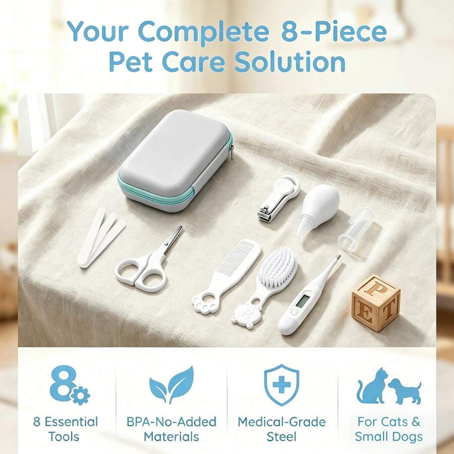 8-In-1 Pet Care Kit Cats And Dogs: Nail Clippers, Comb, Thermometer, Oral Cleaning Set - Daily Grooming, Monitoring, And Essential Pet Owners - Grey - View 1