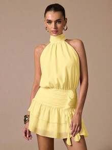 Vestido corto sin mangas con volantes en el bajo, de unicolor. Vestido elegante, dulce y lindo, adecuado para citas románticas, fiestas, reuniones formales, vestidos de dama de honor, vestidos de verano, vestidos de té, Año Nuevo, Día de San Valentín, vestido de cumpleaños, vestido rosa - Amarillo - Ver 1