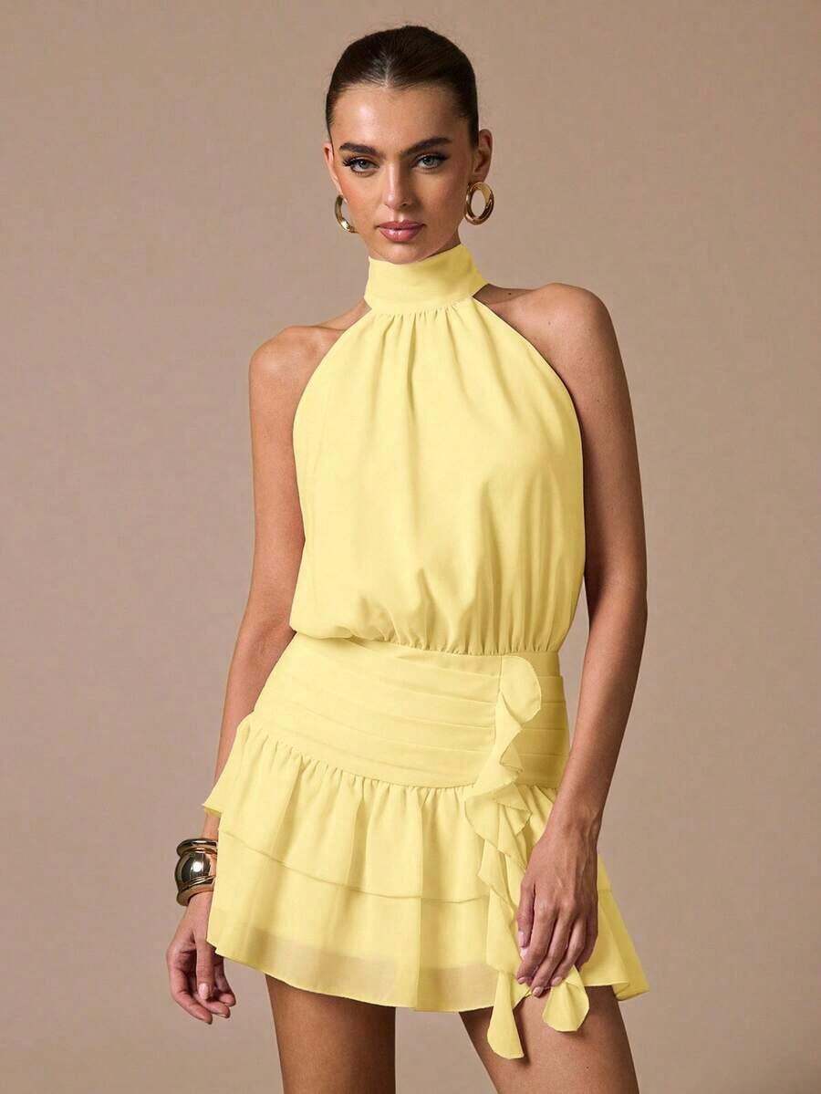 Vestido corto sin mangas con volantes en el bajo, de unicolor. Vestido elegante, dulce y lindo, adecuado para citas románticas, fiestas, reuniones formales, vestidos de dama de honor, vestidos de verano, vestidos de té, Año Nuevo, Día de San Valentín, vestido de cumpleaños, vestido rosa - Amarillo - Ver 1