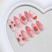 24Pcs Cute Strawberry Press On Nails Medium Almond Fake Nails Pink French Tips False Nails With Bow Pearl Rhinestone Design Flower Full Cover Artificial Nail For Women Girls DIY Manicure Tips - 可愛草莓 - 查看 3