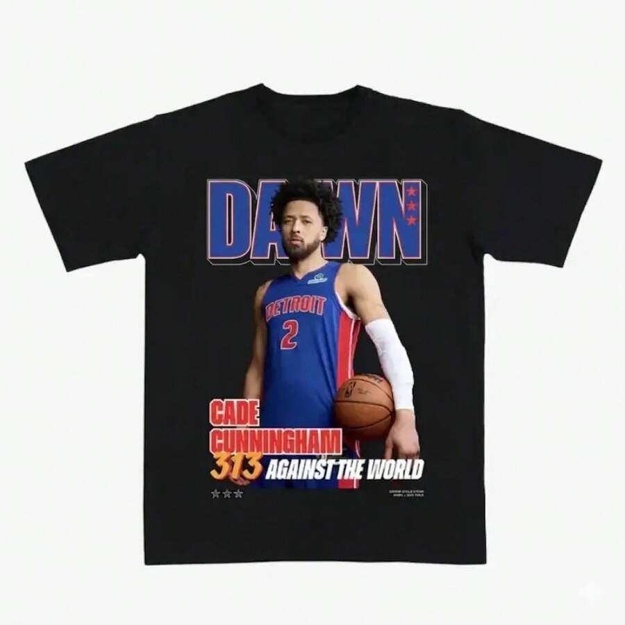 Copa del Mundo 2026 Camiseta de baloncesto para adultos y jóvenes "313 Against the World" de Cade Cunningham, estilo DAUWN, camisetas gráficas de baloncesto de Detroit, camiseta vintage de estilo urbano Y2K, regalo para fans. - Negro - Ver 1