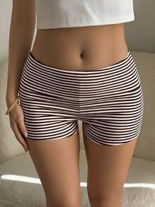 SCARLUX Fall Y2K Women Horizontal Striped Shorts, Brown Foldover High Waist Slim Short Pants For Back To School Street Wear Summer - Brown - View 9