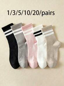5 Pairs Solid Color, Striped, Bow Pattern Fashion Personalized Women's Socks, Soft Comfortable Casual Mid-Calf Socks Suitable For Daily Wear - Multicolor - View 14