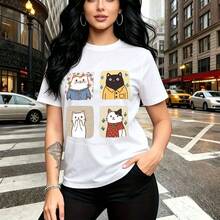 Camiseta de mujer con estampado de gatos cartoon vestidos y frase "The world will be peaceful forever" - camiseta casual de manga corta, ajuste cómodo y moderno, estilo urbano para la ciudad - regalo perfecto para mamá, esposa, novia, hermana mayor y - Blanco - Ver 1