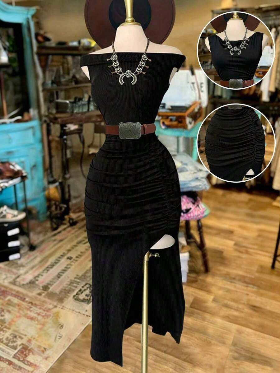 Vestido ajustado de hombros descubiertos sin mangas de largo medio - Negro - Ver 1