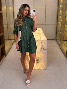 Midi Flared Shirt Dress With Mandarin Collar, High Button-Down Shirt, Linen Beach Cover-Up, Long Sleeves, Ruffled Hem, Striped, Size 13. - Dark Green - View 1