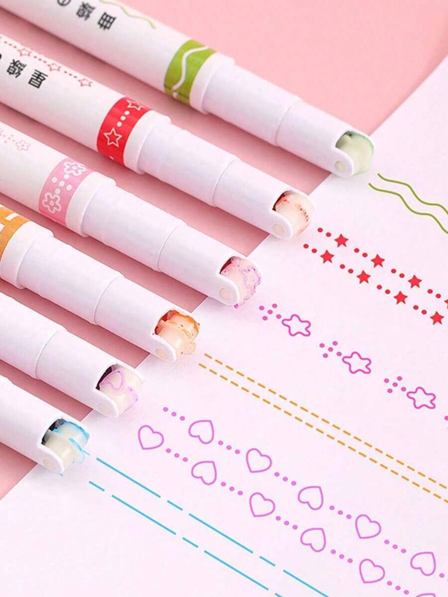 6pcs Wave & Curve Design Journal Marker Pens, Suitable For Journal And Drawing Back To School - Sets - View 1