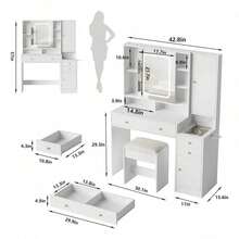 Tocador de Maquillaje Negro con Espejo LED, Mueble de Maquillaje con Cajones, Armario para Joyas y Taburete para Dormitorio Multifuncional Tocador Con Espejo Luces Y Silla 4 Cajones - Blanco - Ver 2