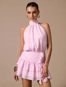 Vestido corto sin mangas con volantes en el bajo, de unicolor. Vestido elegante, dulce y lindo, adecuado para citas románticas, fiestas, reuniones formales, vestidos de dama de honor, vestidos de verano, vestidos de té, Año Nuevo, Día de San Valentín, vestido de cumpleaños, vestido rosa - Rosa Pálido - Ver 1