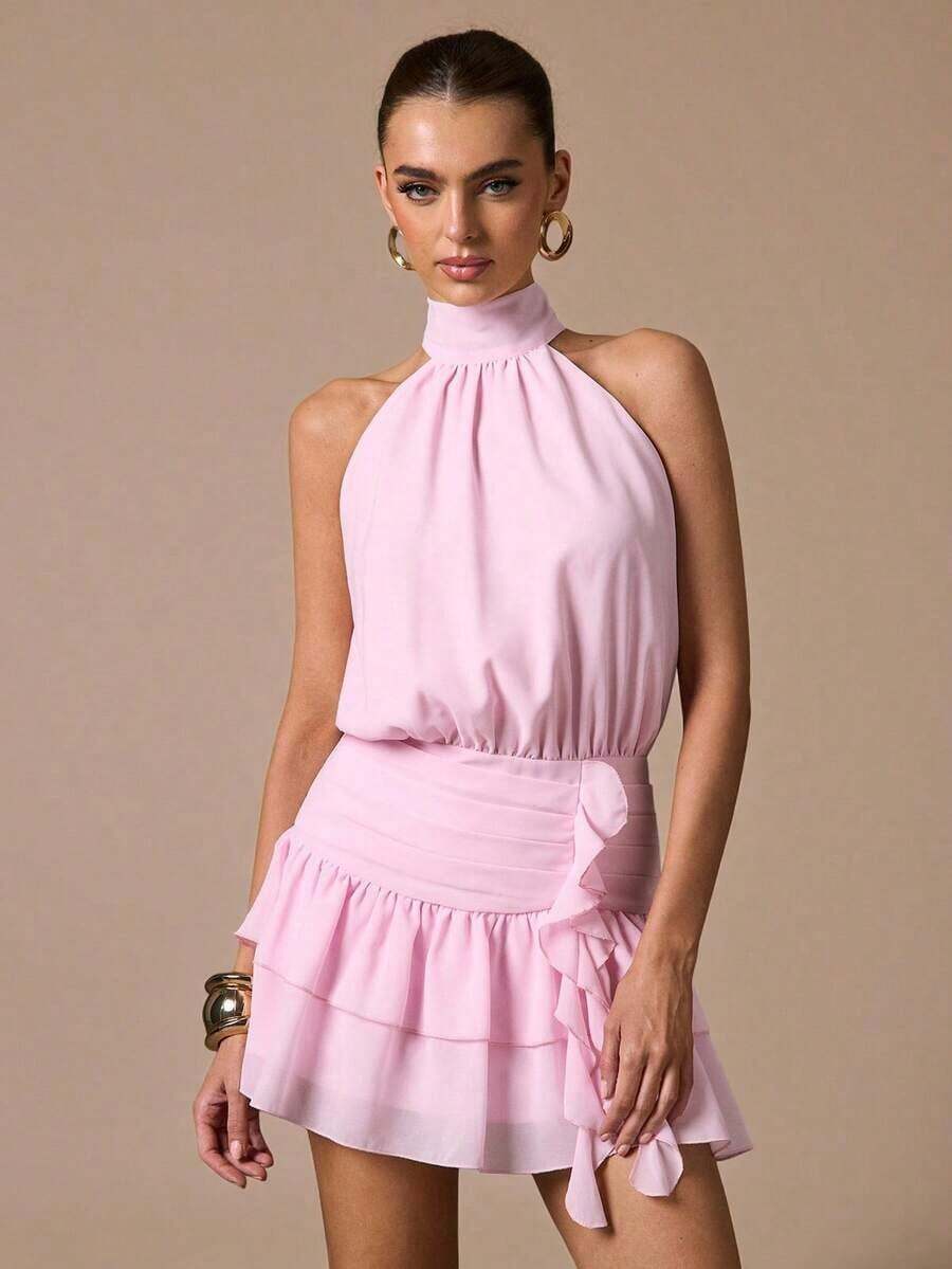 Vestido corto sin mangas con volantes en el bajo, de unicolor. Vestido elegante, dulce y lindo, adecuado para citas románticas, fiestas, reuniones formales, vestidos de dama de honor, vestidos de verano, vestidos de té, Año Nuevo, Día de San Valentín, vestido de cumpleaños, vestido rosa - Rosa Pálido - Ver 1