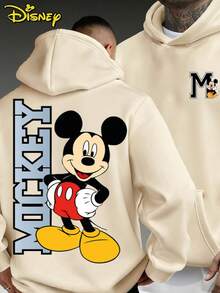 Disney Mickey Mouse Slogan Hoodie, Double-Sided Graphic Sweatshirt, Streetwear Style Oversized Pullover, Casual Top For Men & Women - 杏色 - 查看 1