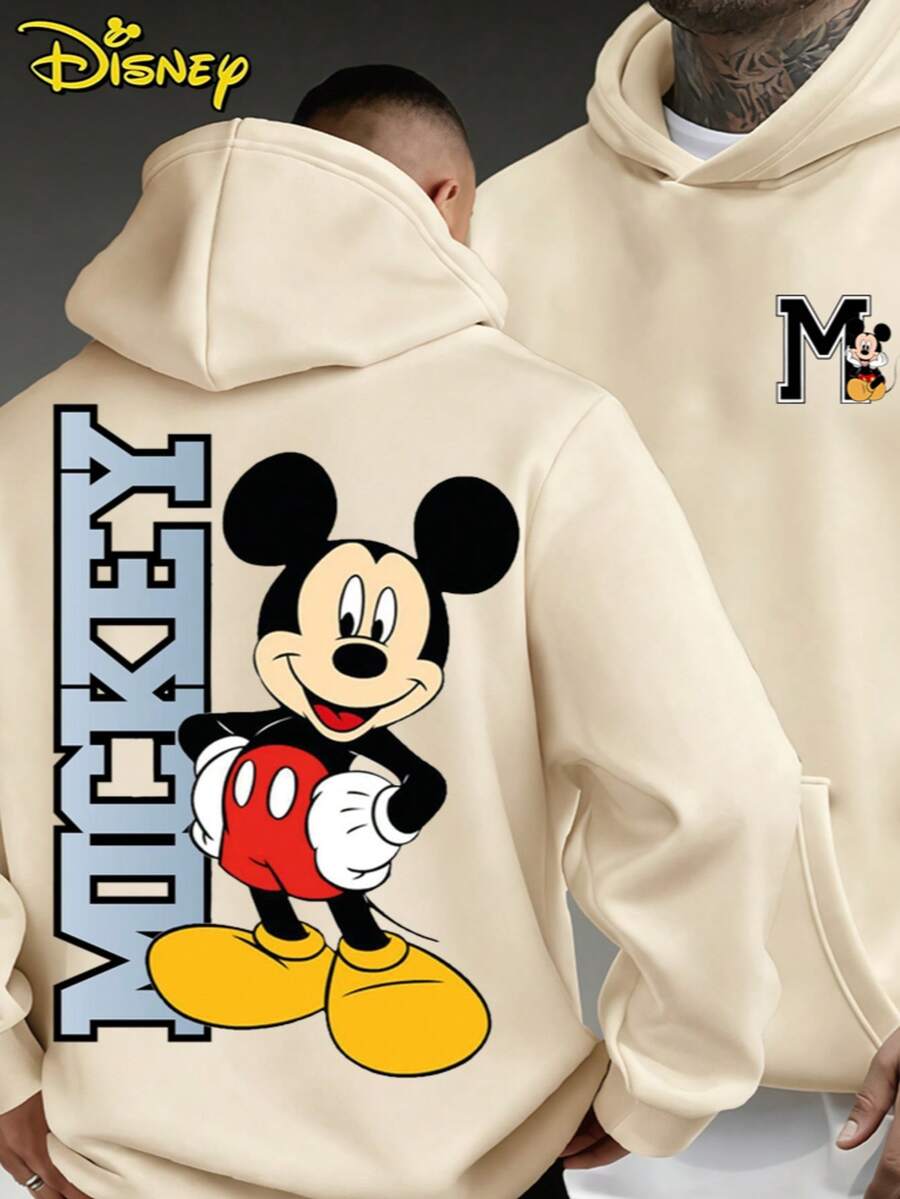 Disney Mickey Mouse Slogan Hoodie, Double-Sided Graphic Sweatshirt, Streetwear Style Oversized Pullover, Casual Top For Men & Women - 杏色 - 查看 1