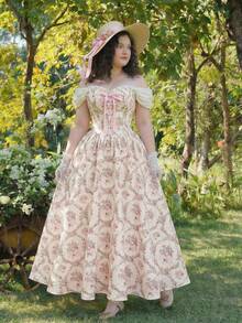 MOD Vestido largo con estampado floral rosa para mujer de talla grande, un vestido vintage soñador y romántico con cintura ceñida, volantes, adornos de lazo y cordones cruzados, perfecto para citas, fiestas, vacaciones, tardes de té y cumpleaños.También adecuado para vestidos de estilo pastoril, vestidos de fiesta de jardín, vestidos de fiesta de té de la tarde de , vestidos de estilo victoriano vintage y vestidos de estilo Y2K. - Multicolor - Ver 1