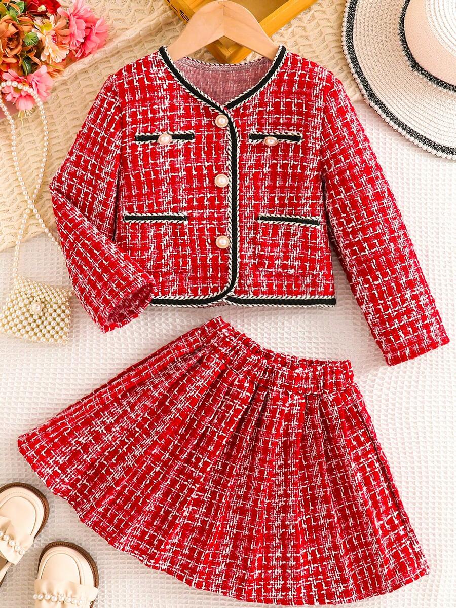 Bộ 2 váy dự tiệc thời trang cho bé gái, Xuân/Thu, Áo khoác tay dài cài nút cổ chữ V, Chân váy chun, Thanh lịch, Ngọt ngào, Thoải mái, Độc đáo, Quyến rũ - Đỏ - Xem 1