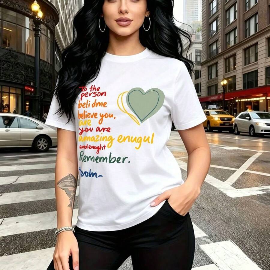 Camiseta de mujer con estampado de corazón verde y frase motivadora "Cree que eres suficiente" - diseño urbano con letras coloridas, ajuste cómodo y moderno, ideal para paseos por la ciudad o salidas casuales - regalo perfecto para mamá, esposa, novi - Blanco - Ver 1