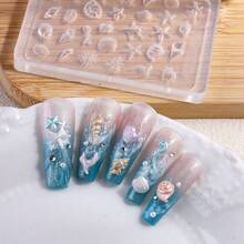 Moules à ongles en silicone thème océan, moules pour art des ongles 3D coquillages, étoiles de mer, dauphins. Modèles de gravure thème plage pour charms à ongles en gel 3D, outils de décoration manucure pour ongles d'été DIY pour femmes avec stylo de gravure en silicone - Transparent - Voir 10