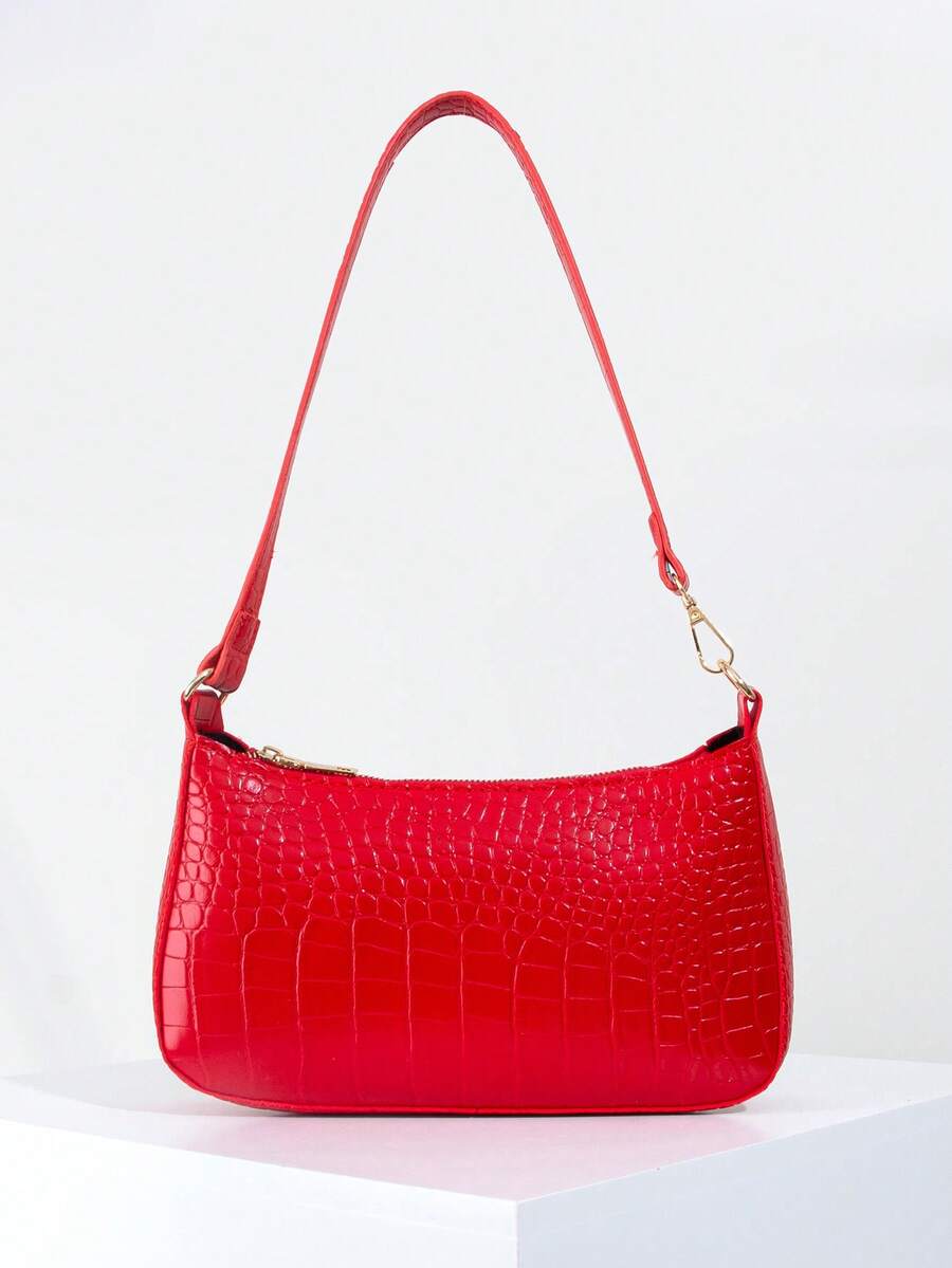 Crocodile Embossed Baguette Underarm Bag Suitable For Daily Commute - Red - View 1